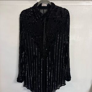 Frank Usher Design Black Beaded Sheer Button-Front Blouse